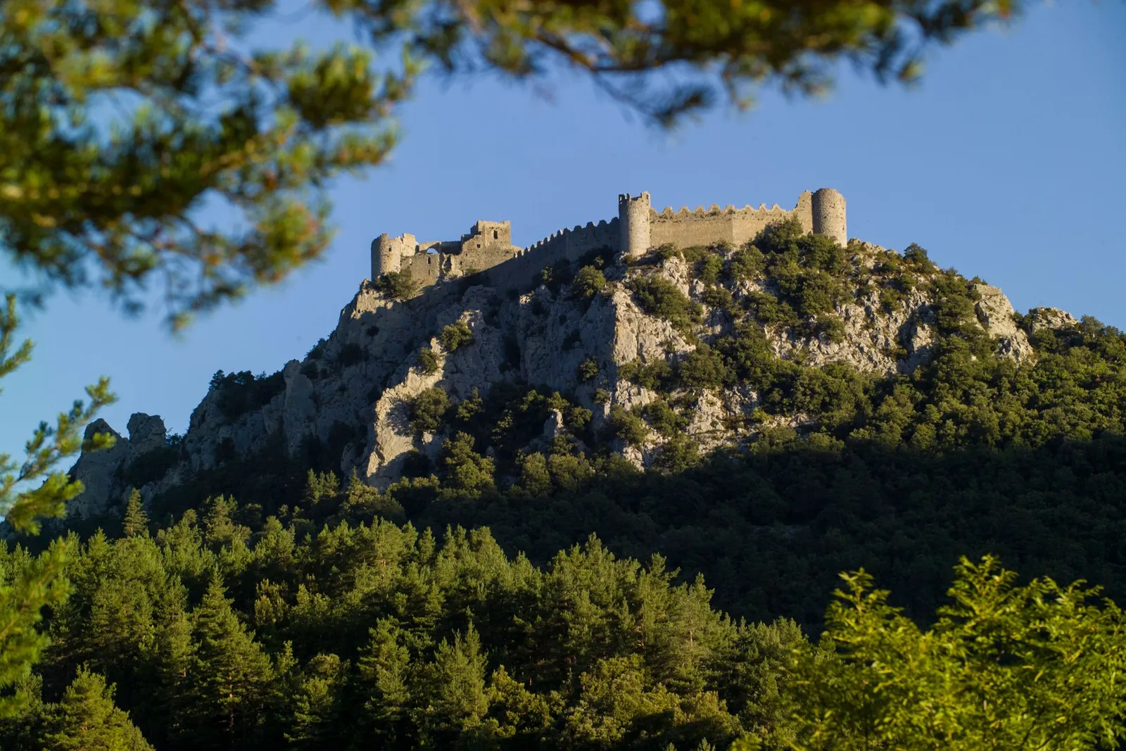 Castell de Puilaurens sobre un turó boscós, Fortaleses Reials del Llenguadoc